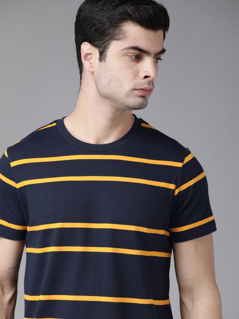 

Roadster Men Navy Blue & Yellow Striped Round Neck Pure Cotton T-shirt