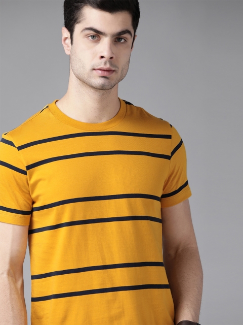 

Roadster Men Mustard Yellow & Navy Blue Striped Pure Cotton Round Neck T-shirt