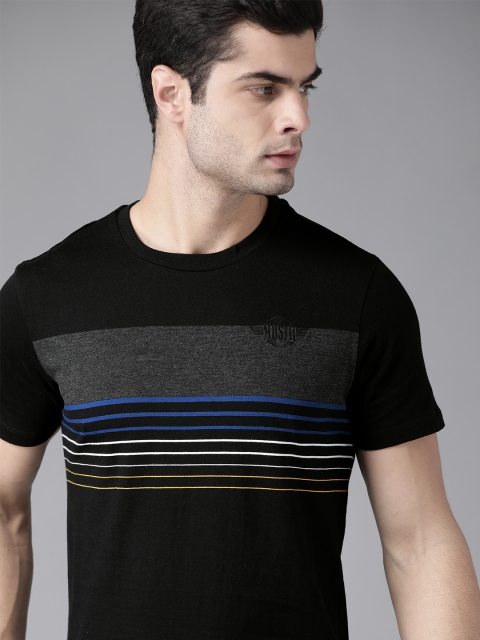 

Roadster Men Black & Charcoal Grey Striped Pure Cotton Round Neck T-shirt