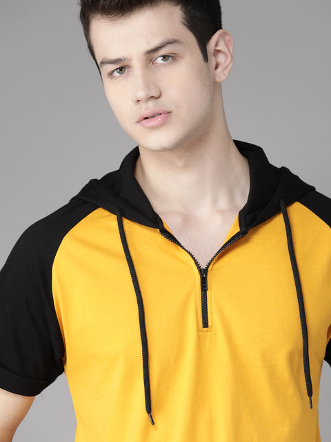 

Roadster Men Mustard Yellow Solid Hooded T-shirt