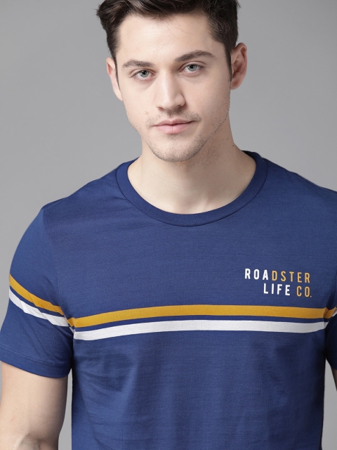 

Roadster Men Blue Pure Cotton Striped Round Neck T-shirt