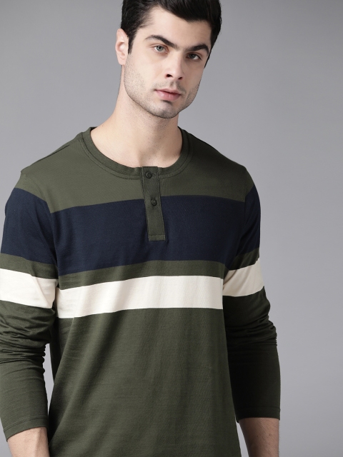 

Roadster Men Green & Navy Blue Striped Pure Cotton Henley Neck T-shirt