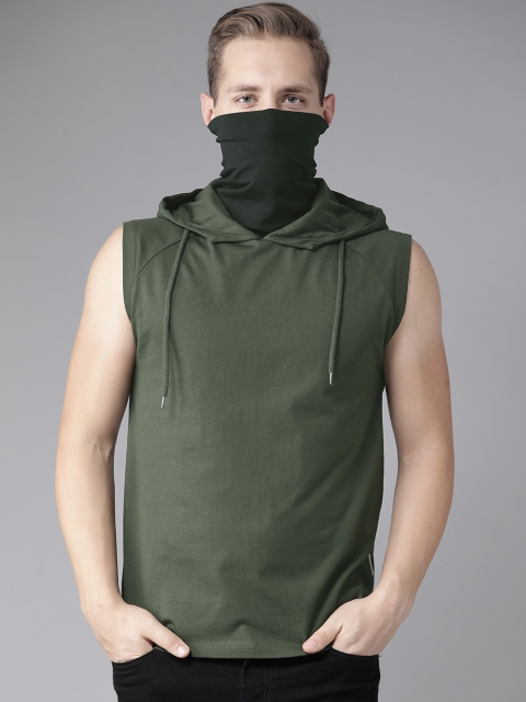 

Roadster Men Olive Green Solid Sleeveless Hooded T-shirt