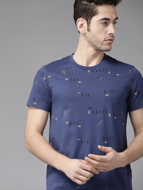 

Roadster Men Navy Blue & Mustard Yellow Printed Round Neck T-shirt