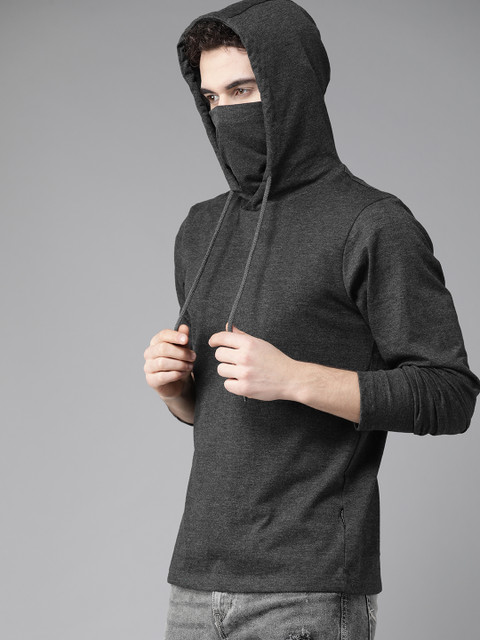 

Roadster Men Charcoal Grey Solid Hooded T-shirt