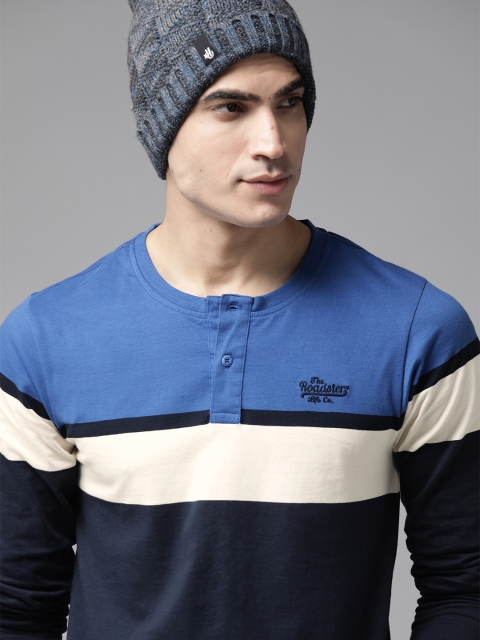 

Roadster Men Blue & White Striped Henley Neck T-shirt