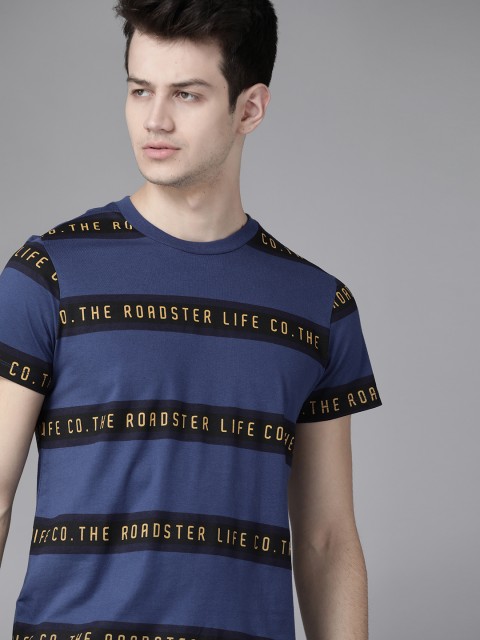 

Roadster Men Blue & Yellow Striped Round Neck T-shirt
