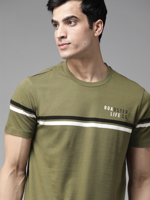 

Roadster Men Olive Green Striped Round Neck T-shirt