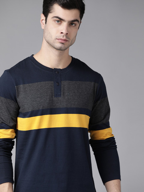 

Roadster Men Navy Blue & Yellow Striped Pure Cotton Henley Neck T-shirt