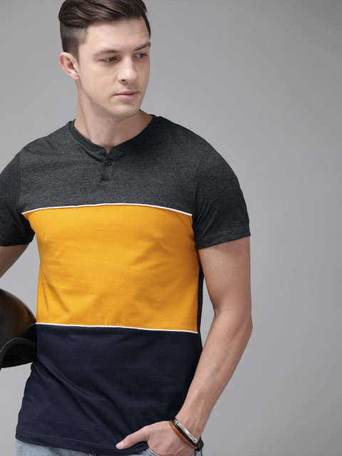 

Roadster Men Charcoal Grey & Mustard Yellow Colourblocked Henley Neck T-shirt
