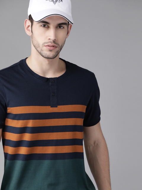 

Roadster Men Navy Blue & Rust Orange Striped Pure Cotton Henley Neck T-shirt