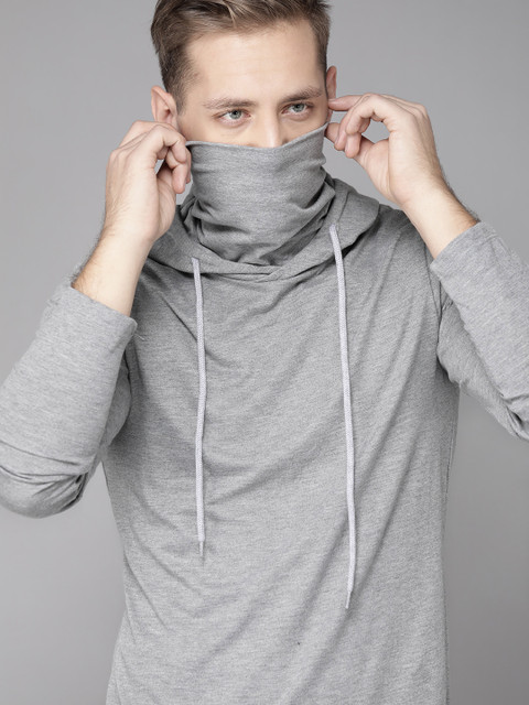 

Roadster Men Grey Melange Solid Hooded Sweatshirt