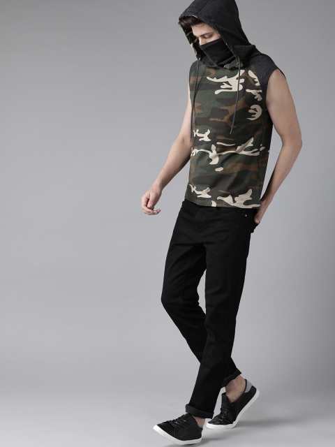 

Roadster Men Olive Green Beige Camouflage Print Hooded T-shirt