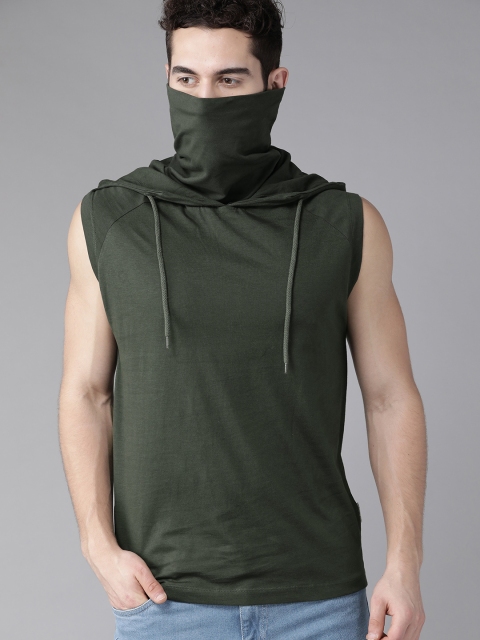 

Roadster Men Olive Green Solid Hooded Pure Cotton T-shirt