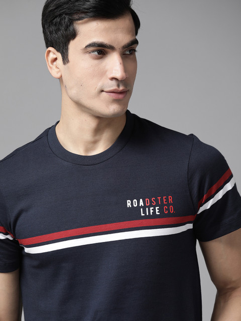 

Roadster Men Navy Blue Striped Round Neck T-shirt