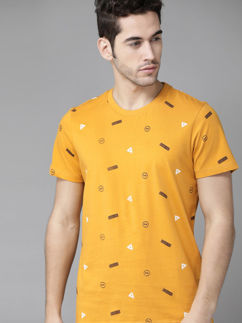 

Roadster Men Mustard Yellow Printed Round Neck T-shirt