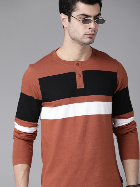 

Roadster Men Brown & Black Striped Pure Cotton Henley Neck T-shirt