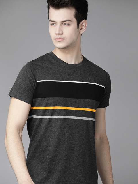 

Roadster Men Olive Green & Black Striped Round Neck T-shirt