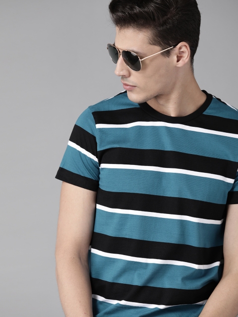

Roadster Men Teal Blue & Black Striped Round Neck T-shirt