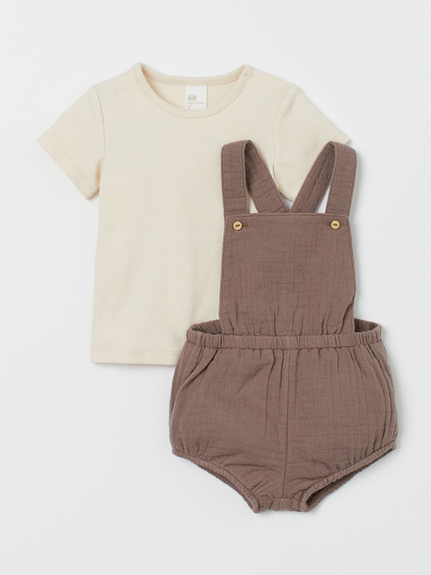 

H&M Kids Off White & Brown 2-piece Sustainable Cotton Set, Coffee brown