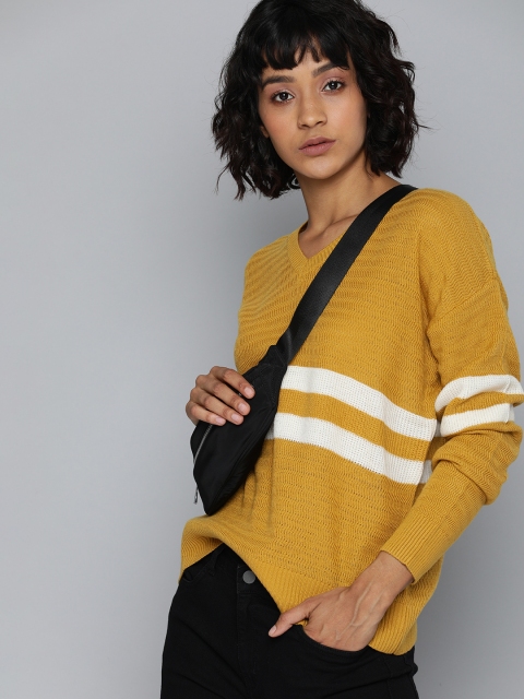 

Harvard Women Mustard Yellow & White Striped Acrylic Pullover