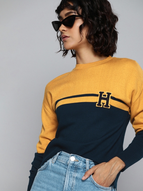 

Harvard Women Yellow & Navy Blue Colourblocked Acrylic Pullover
