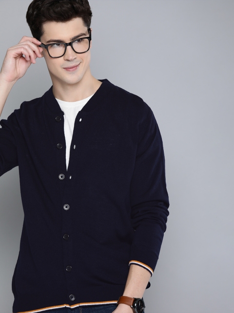 Men Navy Blue Solid Front-Open Sweater
