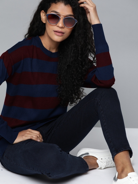 

Harvard Women Teal Blue & Maroon Striped Acrylic Pullover