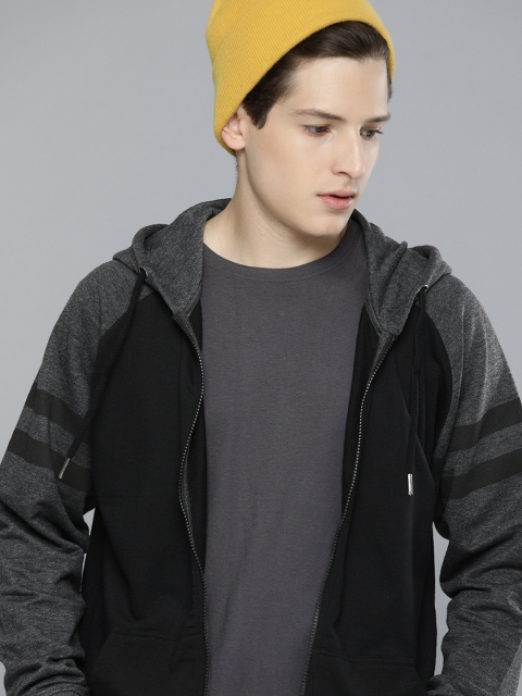 

Harvard Men Black & Grey Melange Colourblocked Hooded Sweatshirt