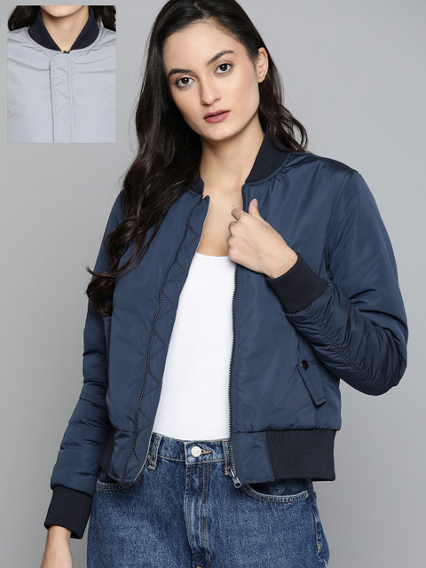 

Harvard Women Navy & Grey Solid Reversible Bomber Jacket, Navy blue