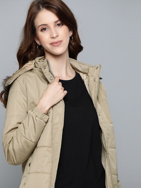 

Harvard Women Khaki Solid Parka Jacket with Detachable Hood