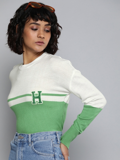 

Harvard Women White & Green Colourblocked Acrylic Pullover