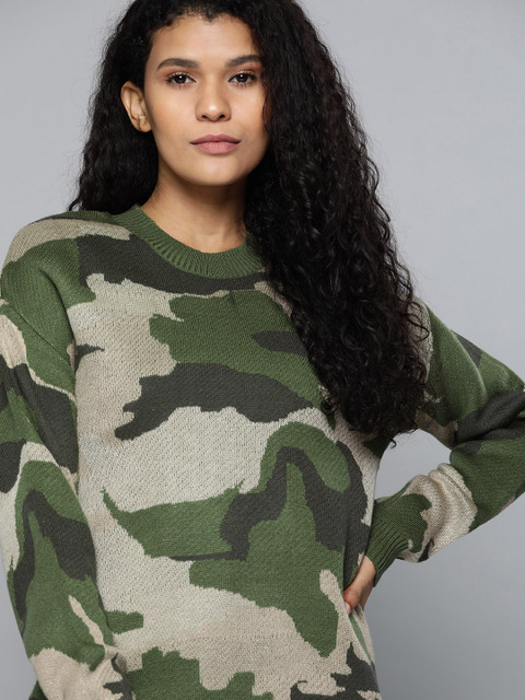 

Harvard Women Green & Off-White Camoflage Patterned Pullover