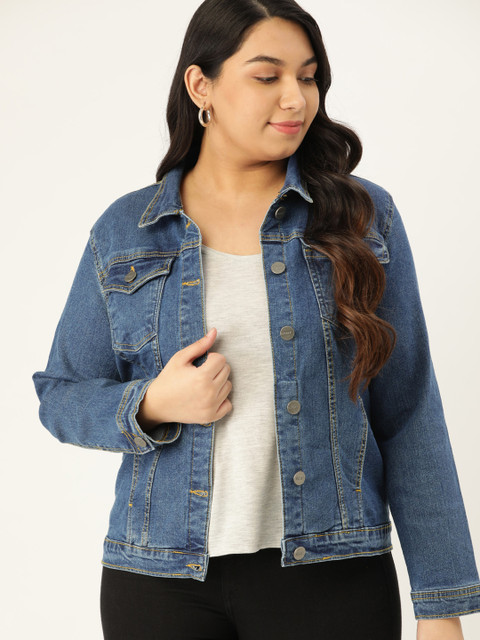 

Sztori Women Plus Size Blue Solid Cotton Denim Jacket