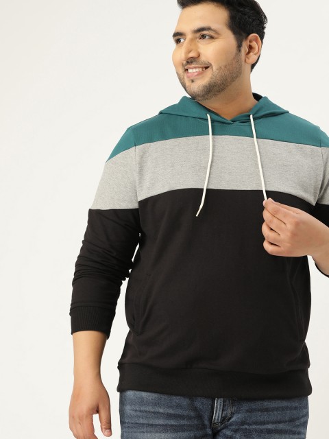 

Sztori Men Plus Size Black & Grey Melange Colourblocked Hooded Sweatshirt