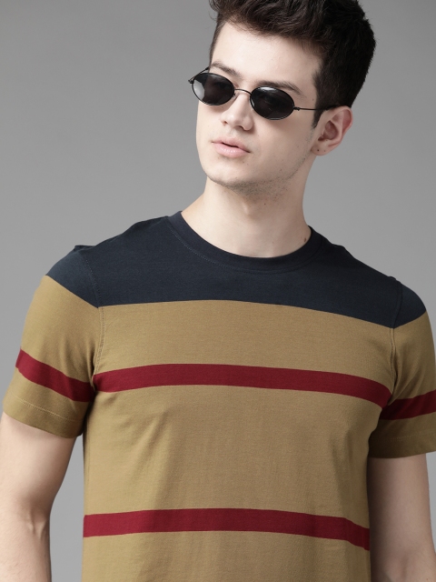 

Roadster Men Khaki & Maroon Striped Round Neck T-shirt