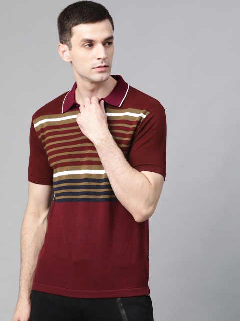 

Roadster Men Maroon Brown Striped Polo Collar Pure Cotton T-shirt