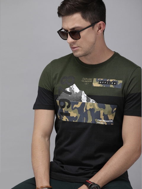 

Roadster Men Olive Green & Black Colourblocked Round Neck T-shirt