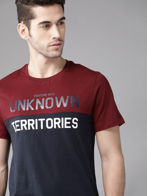 

Roadster Men Navy Maroon Colourblocked Round Neck Pure Cotton T-shirt, Navy blue