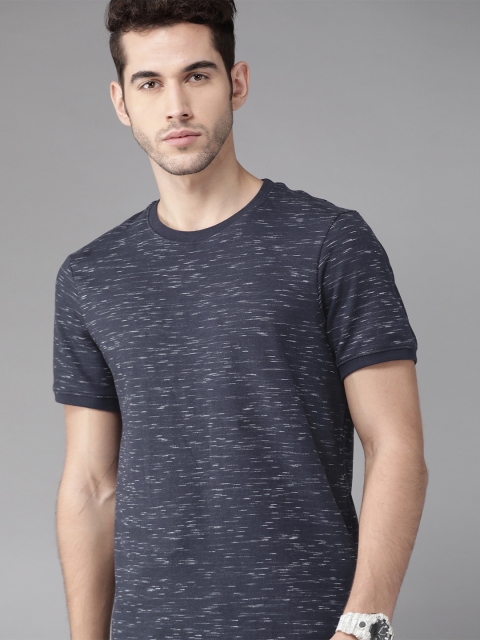 

Roadster Men Navy Blue & White Self-Design Round Neck T-shirt