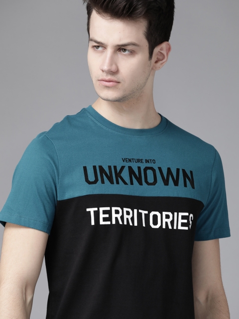

Roadster Men Teal Blue Black Colourblocked Round Neck Pure Cotton T-shirt