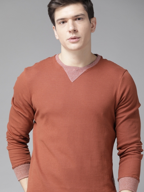 

Roadster Men Rust Orange Self-Design Round Neck Pure Cotton T-shirt