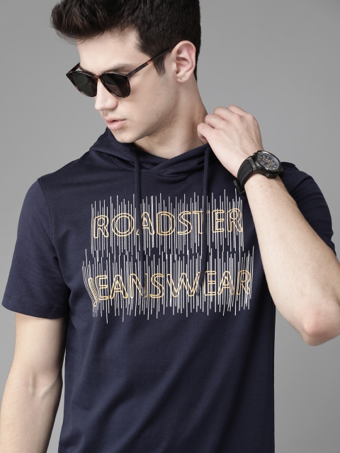 

Roadster Men Navy Blue White Printed Hood Pure Cotton T-shirt