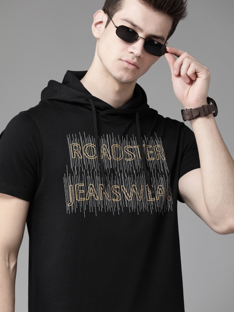

Roadster Men Black Off-White Printed Hood Pure Cotton T-shirt