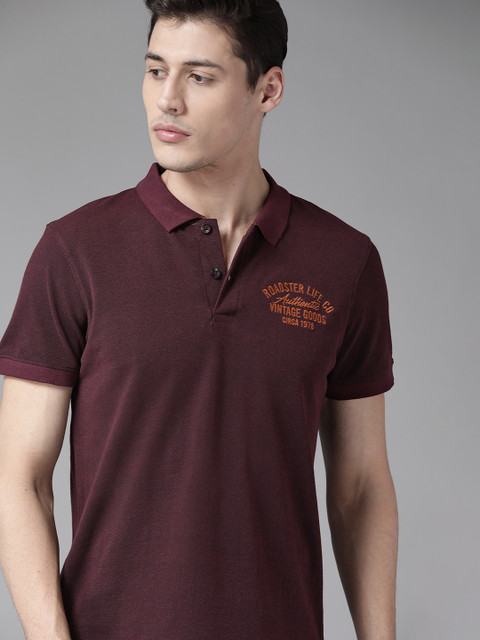 

Roadster Men Burgundy Solid Polo Collar T-shirt with Embroidered Detail