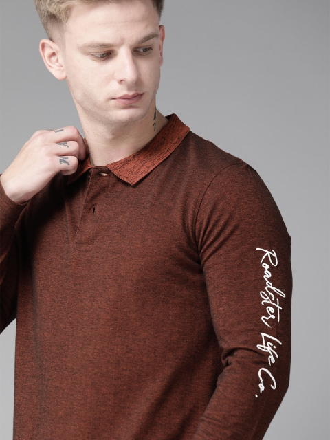 

Roadster Men Rust Orange & Black Self Design Polo Collar T-shirt