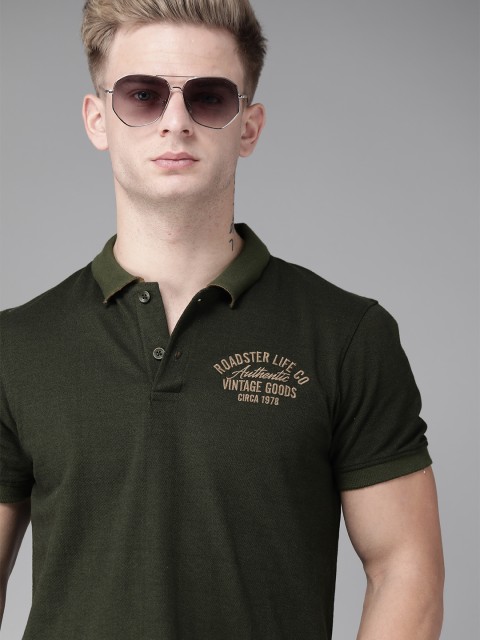 

Roadster Men Olive Green Solid Polo Collar T-shirt