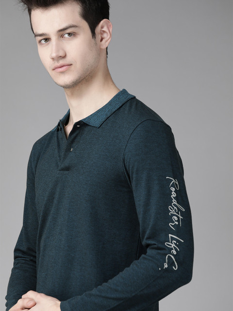 

Roadster Men Teal Blue Self Design Polo Collar T-shirt