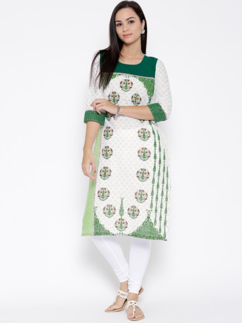 

Aurelia Off-White & Green Floral Print Kurta