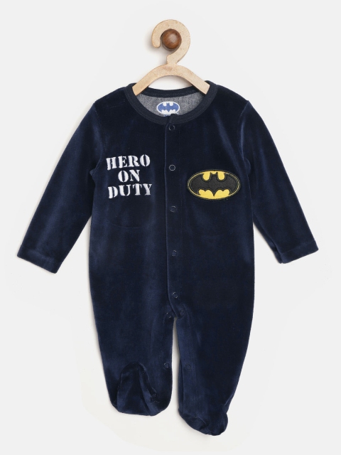 

Moms Love Boys Navy Blue Solid Sleepsuit with Batman Applique Detail